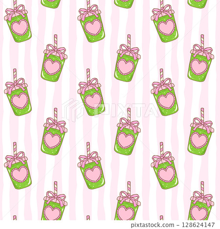 Cute seamless pattern Coquette Ice matcha latte with ribbon bow doodle illustration, cute Girly trendy summer aesthetic lovers background 128624147