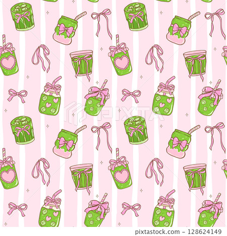 Cute seamless pattern Coquette matcha latte with ribbon bow illustration, cute Girly trendy summer aesthetic lovers background Cute seamless pattern Coquette matcha latte with ribbon bow illustration, cute Girly trendy summer aesthetic lovers background 128624149