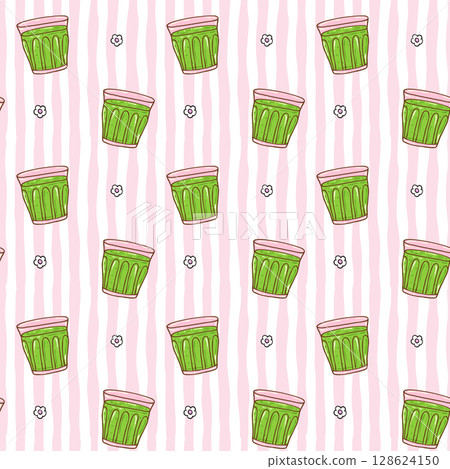 Cute seamless pattern girly matcha latte doodle illustration, cute trendy summer aesthetic lovers background Cute seamless pattern girly matcha latte doodle illustration, cute trendy summer aesthetic lovers background 128624150
