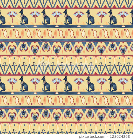 Ancient egyptian seamless pattern with Bastet, Scarab beetle, Ankh. Religion icon, symbols ornament. Abstract lotus. Watercolor illustration isolated from background. For textile, packaging, souvenir 128624268