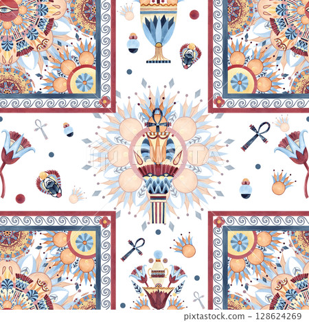 Arabesque design seamless pattern with lotus ancient column, eye of Horus, ethnic ornament, religion icons. Watercolor illustration isolated from background for silk scarf, textile, fabric, decor. Arabesque design seamless pattern with lotus ancient column, eye of Horus, ethnic ornament, religion icons. Watercolor illustration isolated from background for silk scarf, textile, fabric, decor. 128624269