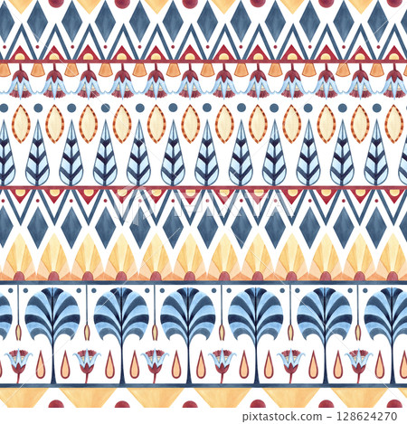 Ancient ethnic ornament seamless pattern, folklore geometric shapes, symbols. Abstract lotus, palm, horizontal lines. Watercolor illustration isolated from background. Textile, packaging, souvenirs Ancient ethnic ornament seamless pattern, folklore geometric shapes, symbols. Abstract lotus, palm, horizontal lines. Watercolor illustration isolated from background. Textile, packaging, souvenirs 128624270