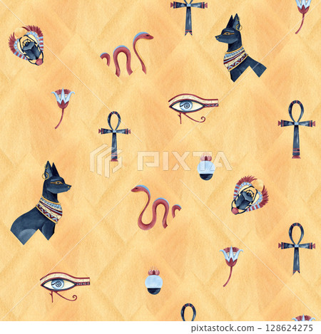 Egyptian seamless pattern with Bastet, snake, Ankh, Scarab beetle, lotus and eye of Horus. Watercolor illustration isolated on abstract pyramids background for souvenir products, textile, decoration 128624275
