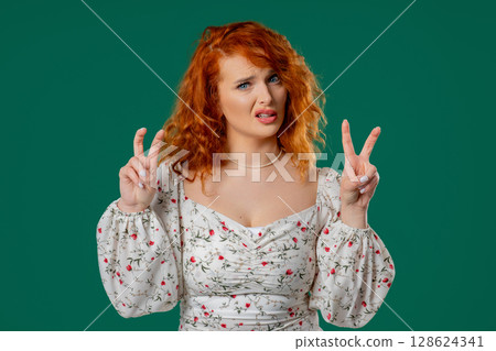 Sarcastic copper woman With Hands, Fingers Air Quotes Gesture On green, Sarcasm Sarcastic copper woman With Hands, Fingers Air Quotes Gesture On green, Sarcasm 128624341
