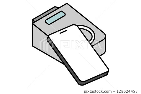A simple line drawing icon of cashless payment by touching a smartphone (isometric illustration) 128624455
