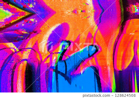 Vibrant Glitch Art in Neon Orange, Blue, and Purple for Y2K Aesthetic Vibrant Glitch Art in Neon Orange, Blue, and Purple for Y2K Aesthetic 128624508