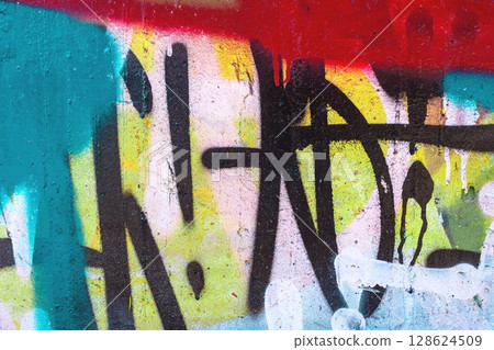 Colorful Graffiti Wall Art with Neon and Pastel Shades in 80s Urban Style 128624509