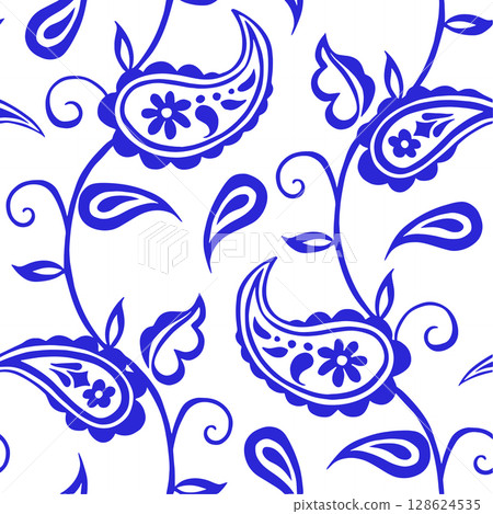 Seamless pattern with vector floral ornaments. Oriental blue print. Paisley. 128624535