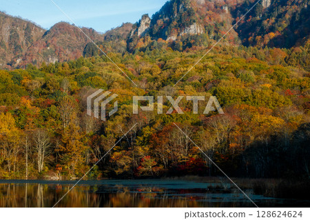 Autumn leaves begin to appear on the mountains of Japan 128624624