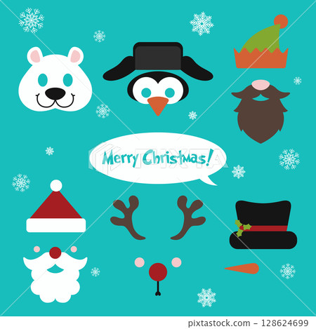 Christmas Photo Booth Props Vector. Merry Christmas Party Props Set, Christmas Characters, Santa Beard, Christmas Reindeer, Snowman, Penguin, Holiday Graphic for Christmas Celebration, Winter Decor 128624699