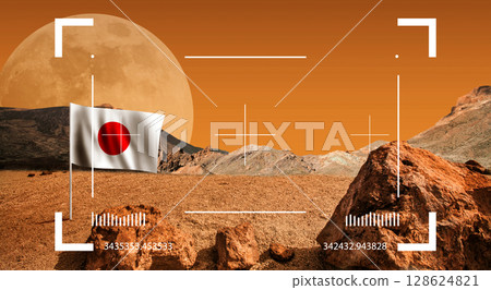 Flag of Japan on Mars planet surface. Cosmos discover expedition Flag of Japan on Mars planet surface. Cosmos discover expedition 128624821