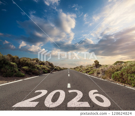 Road to 2026. Empty road with written 2026 128624824