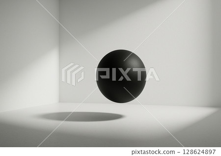 Minimalistic space background with floating black spheres and soft shadows 128624897