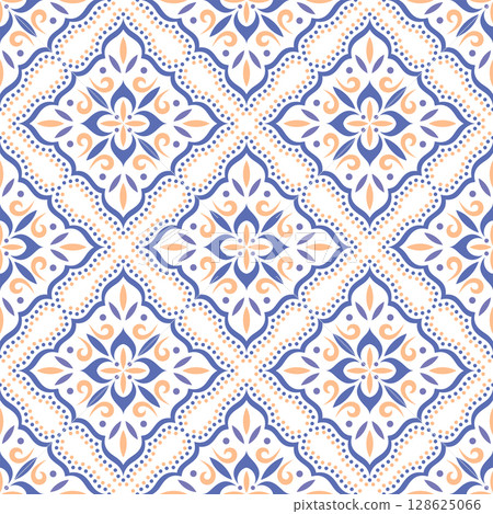 Seamless Blue and Gold Ornamental Tile Pattern 128625066