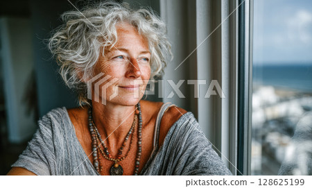 Mature woman with curly hair gazing thoughtfully out the window in a serene coastal setting Mature woman with curly hair gazing thoughtfully out the window in a serene coastal setting 128625199