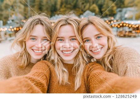 Three smiling women taking a selfie outdoors with warm sweaters and festive lights in background Three smiling women taking a selfie outdoors with warm sweaters and festive lights in background 128625249