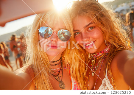 Two young women taking a selfie at a vibrant beach festival during sunset with joyful atmosphere 128625250