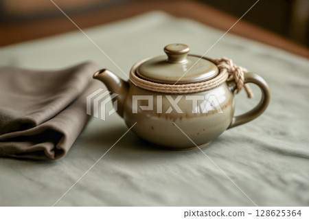 Minimalist Ceramic Teapot with Handcrafted Details. AI generated 128625364