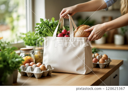 Woman Unpacking Sustainable Groceries into a Reusable Bag. AI generated 128625367
