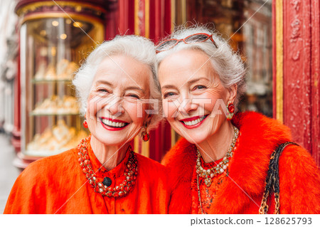 Two elderly women in vibrant orange outfits smiling joyfully in a lively urban setting Two elderly women in vibrant orange outfits smiling joyfully in a lively urban setting 128625793