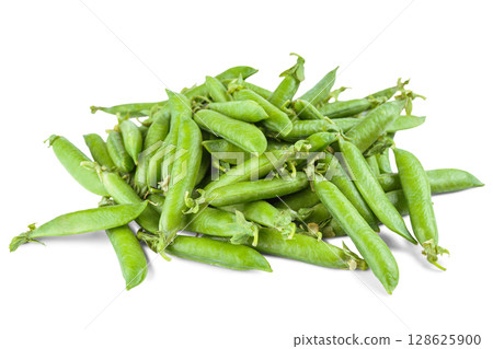 Fresh green pea pods isolated on white background, healthy raw vegetables, organic food and cooking 128625900