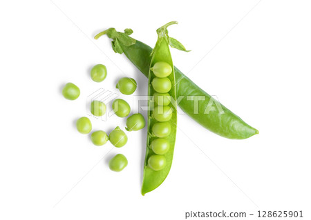 Open pea pod with green peas isolated on white background, healthy vegetables for diet and recipes Open pea pod with green peas isolated on white background, healthy vegetables for diet and recipes 128625901