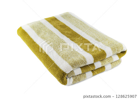 Carefully folded soft striped bath khaki towel isolated on white background 128625907