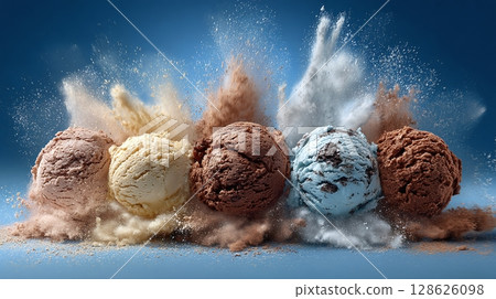 Frozen Delight: Variety of ice cream scoops. Colorful ice cream flavors with a cloud of deliciousness, making a refreshing treat concept. 128626098