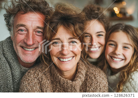 Family portrait with smiling faces, cozy sweaters, and warm atmosphere in a home setting 128626371