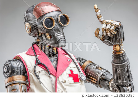 Robot doctor with stethoscope and red cross symbol, showcasing futuristic medical technology 128626385