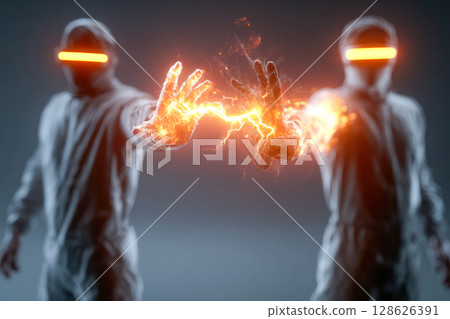Futuristic figures in glowing suits creating energy connection with hands in dark environment Futuristic figures in glowing suits creating energy connection with hands in dark environment 128626391