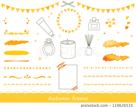 一組秋天水彩風格框架和裝飾品的插圖,聞起來像桂花 一組秋天水彩風格框架和裝飾品的插圖,聞起來像桂花 128626510