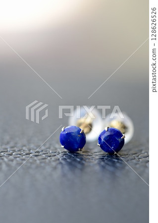 10K stud earrings with lapis lazuli on leather - blue natural stone jewelry 128626526