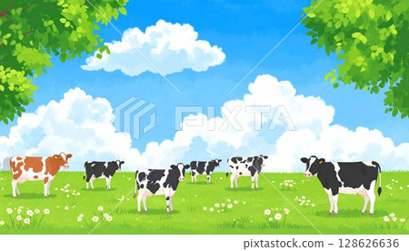 藍天背景的高原牧場與乳牛2 128626636