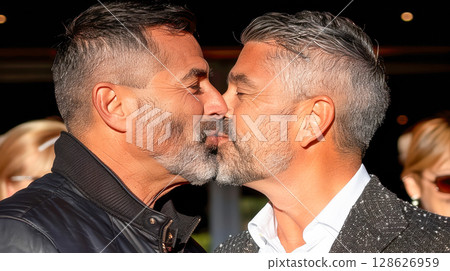 Two men sharing a romantic kiss outdoors with warm sunlight illuminating their faces 128626959