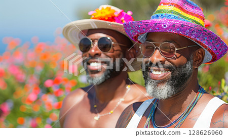 Two smiling men with stylish hats enjoying a sunny day in a vibrant floral garden setting 128626960
