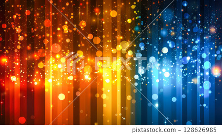 Colorful abstract illustration with glowing bokeh lights and vertical stripes for design projects 128626985