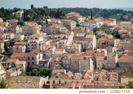 buildings of ancient town of Hvar on the Adriatic coast of Croatia, Hvar island buildings of ancient town of Hvar on the Adriatic coast of Croatia, Hvar island 128627159