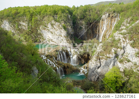 spectacular waterfalls and lakes of Plitvice Lakes National Park, in Croatia 128627161