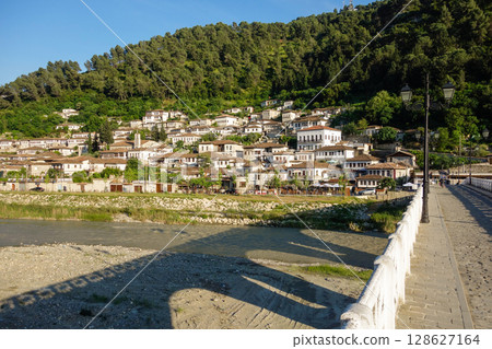 Gorica bridge shadowing over Osum river in Berat, Albania Gorica bridge shadowing over Osum river in Berat, Albania 128627164