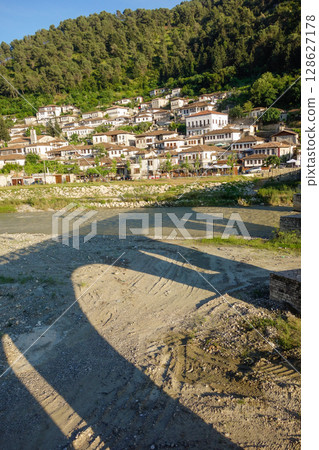Gorica bridge shadowing over Osum river in Berat, Albania Gorica bridge shadowing over Osum river in Berat, Albania 128627178