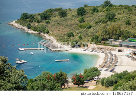 panoramic view of Gjiri i Hartes beach in Ksamil, Albanian riviera 128627187