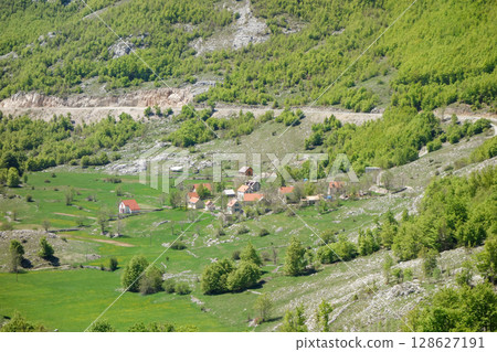 panoramic view of Kamenica village in Lovcen Mountains near Cetinje, Montenegro 128627191