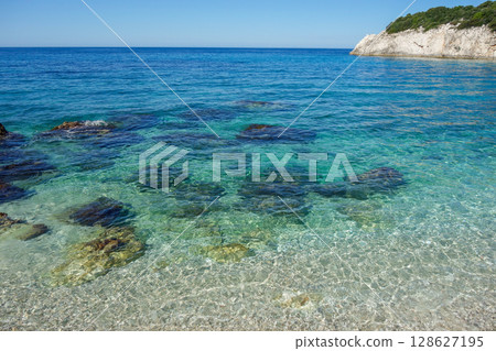 amazing secluded Filikuri Beach in Himara, Vlora district, Albania, at sunny day 128627195