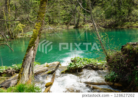 spectacular waterfalls and lakes of Plitvice Lakes National Park, in Croatia 128627202