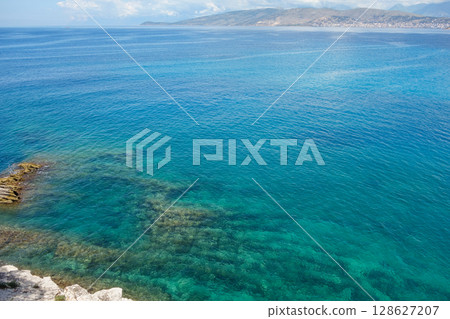 panoramic view of Albanian riviera coastline, Saranda city on background 128627207