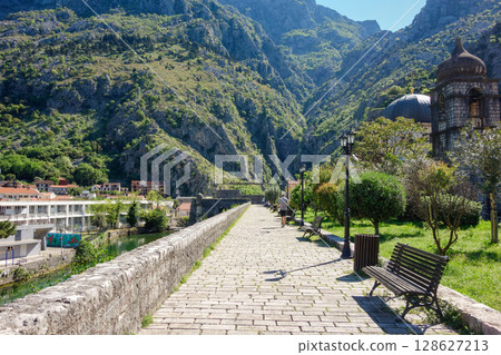 at the top of ancient walls of Kotor fortress in Kotor bay, Montenegro at the top of ancient walls of Kotor fortress in Kotor bay, Montenegro 128627213