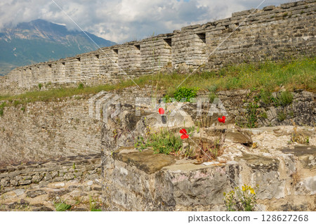 fortified walls of the old castle of Gjirokaster in Albania, Europe fortified walls of the old castle of Gjirokaster in Albania, Europe 128627268