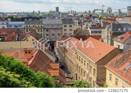 Zagreb, Croatia - 05.16.2025: rooftops of ancient buildings in old town, cityscape 128627270
