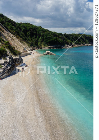 panoramic of Pulebardha Beach, Ksamil, Albania. Summertime on albanian riviera 128627271